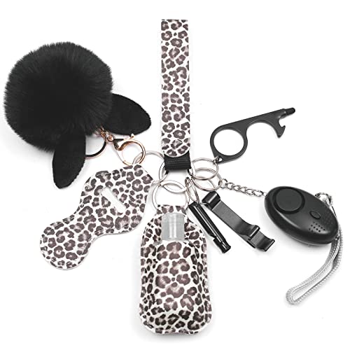QINER Selbstverteidigung Schlüsselanhänger Set Frauen mit Persönlicher Alarm, Sicherheits Schlüsselanhänger Set mit Sicherheitshammer, Pfeife und Pom Pom, Self Defense Keychain Geschenke für Frauen
