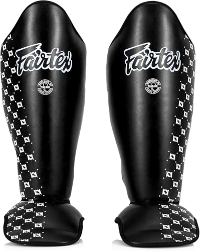 Fairtex SP5 Muay Thai Schienbeinschoner für Männer, Frauen, Kinder | Hochwertig, leicht & langlebig | Erweiterter Schutz gegen Schienbeinschmerzen beim Training oder Sparring(Large-Schwarz)