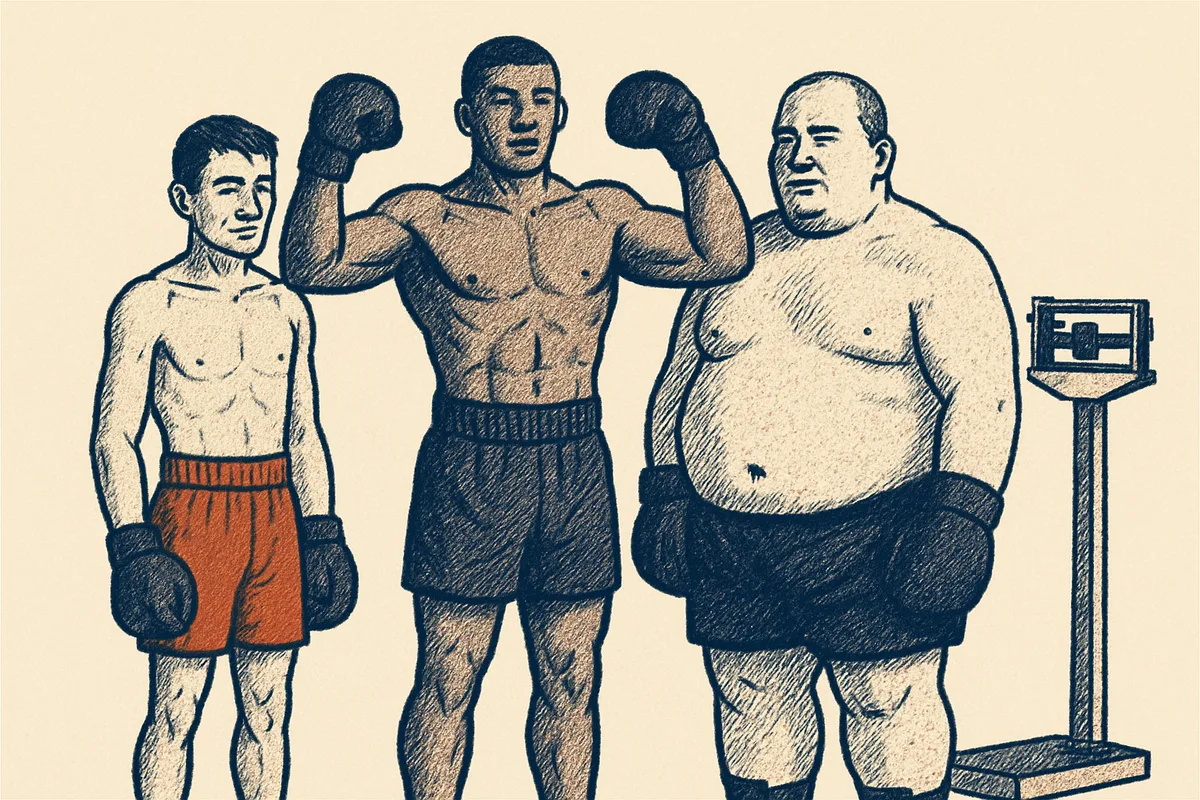 Boxer während des Wiegens vor einem Kampf mit Digitalwaage