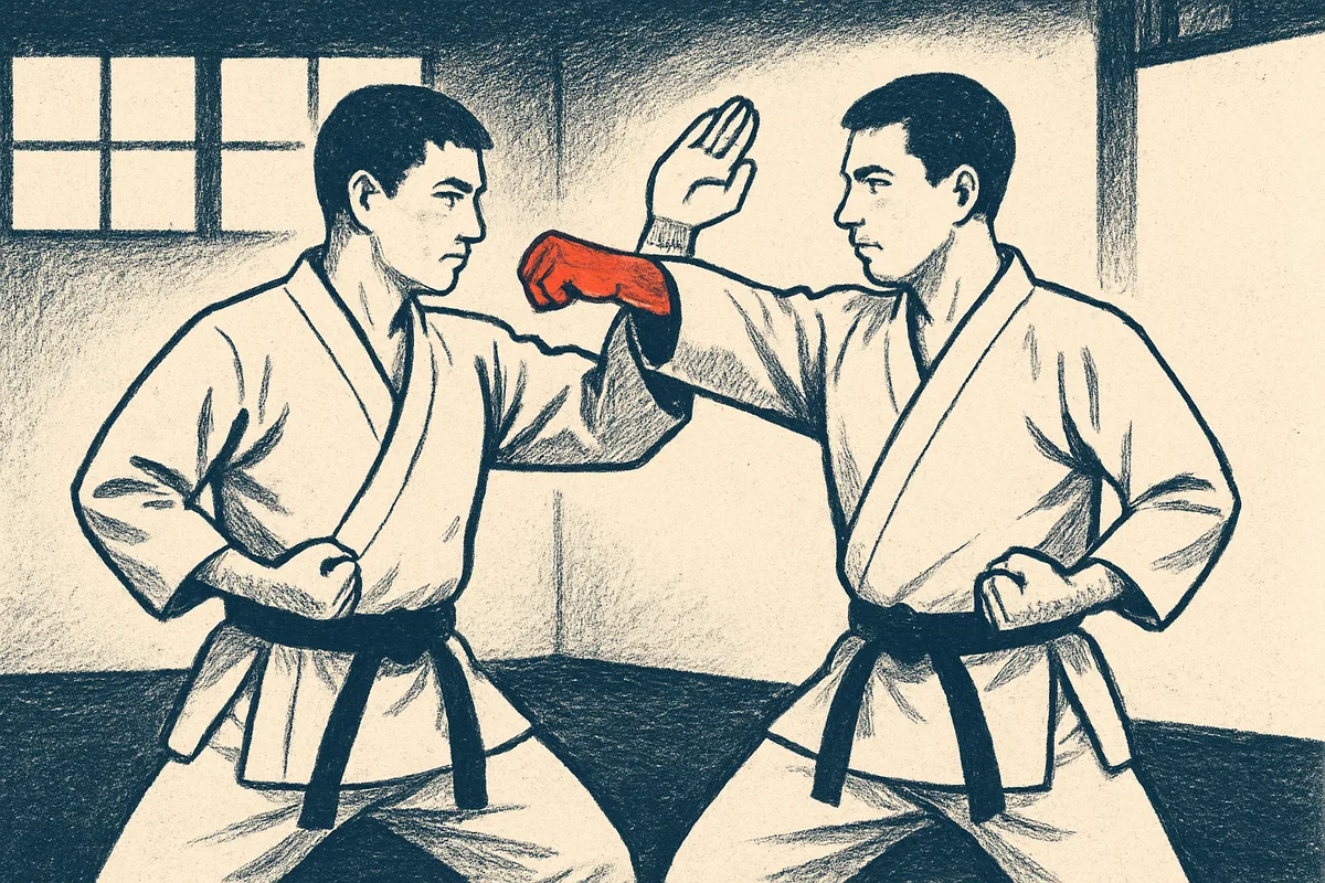 Zwei Karateka üben mit Partner die Anwendung einer Kata-Bewegung, einer blockt einen Fauststoß
