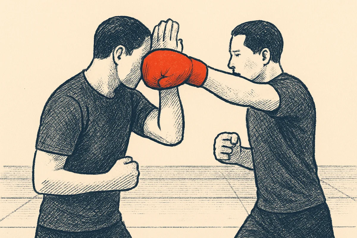 Trainingspartner fängt einen Schlag mit angewinkeltem Arm dicht am Kopf ab