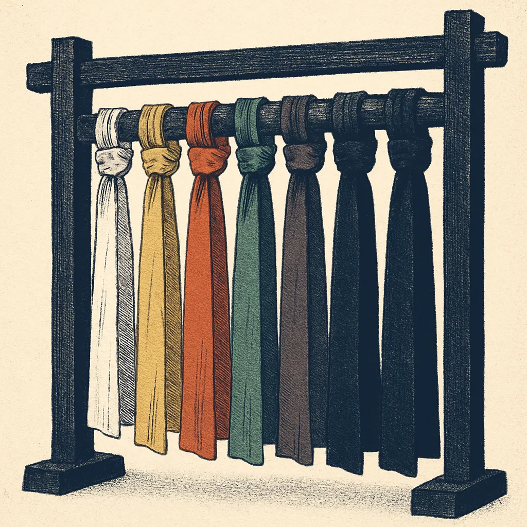 Verschiedene Kung-Fu-Schärpen in Farbreihenfolge auf dunklem Holz