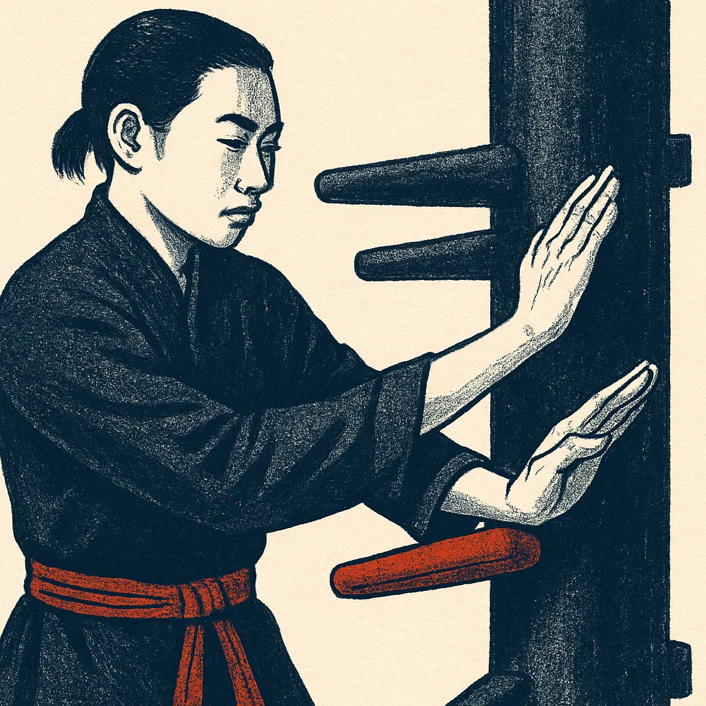 Wing-Chun-Training mit Holzpuppe, Schüler trägt Schärpe