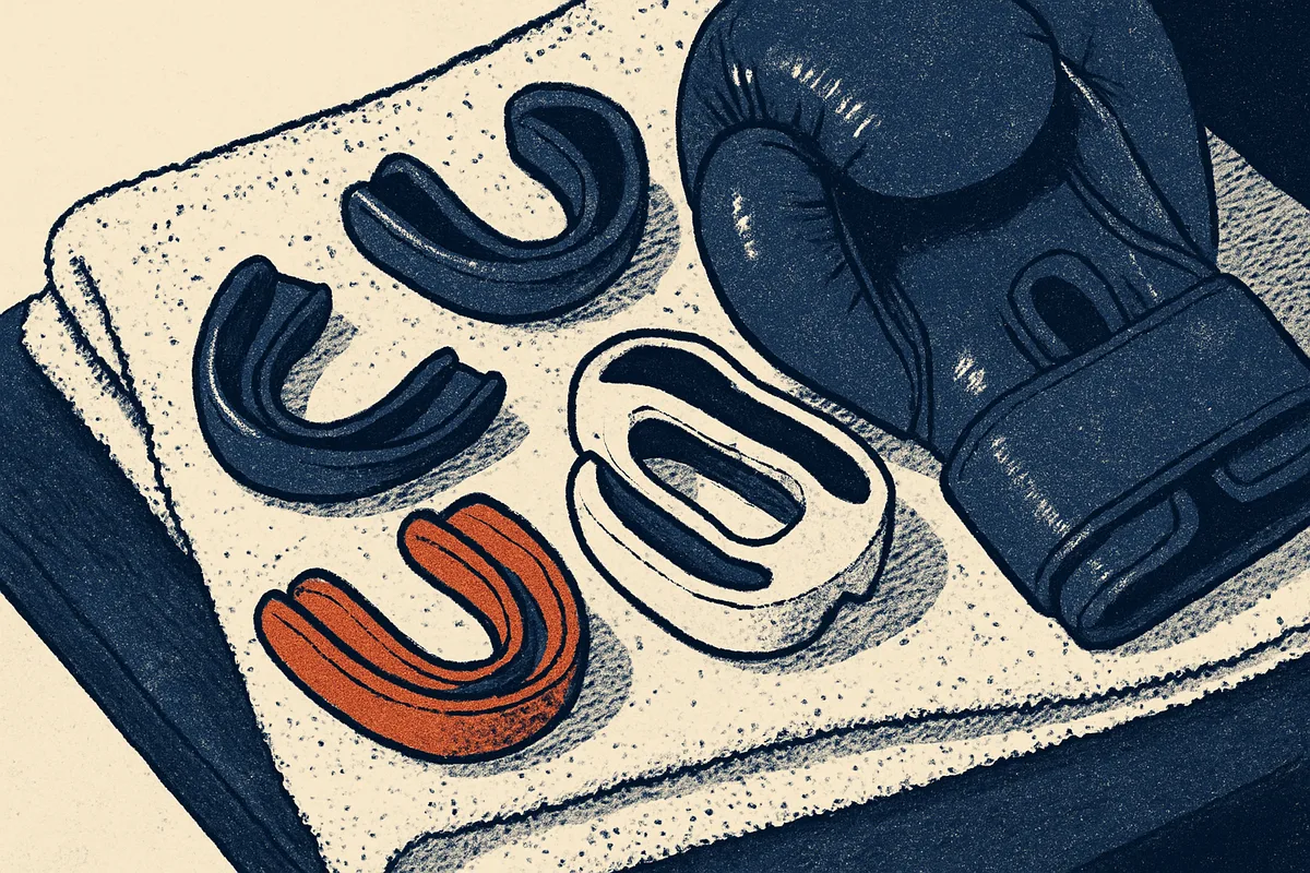 Drei Mundschutz-Typen nebeneinander: Stock-Mundschutz (schlecht) links, Boil-and-Bite (gut) Mitte, Custom-Mundschutz (beste) rechts