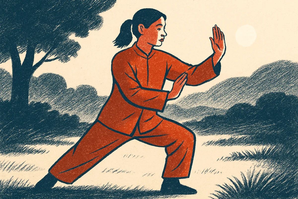 Frau in korrekter Tai-Chi-Haltung in ruhiger Umgebung