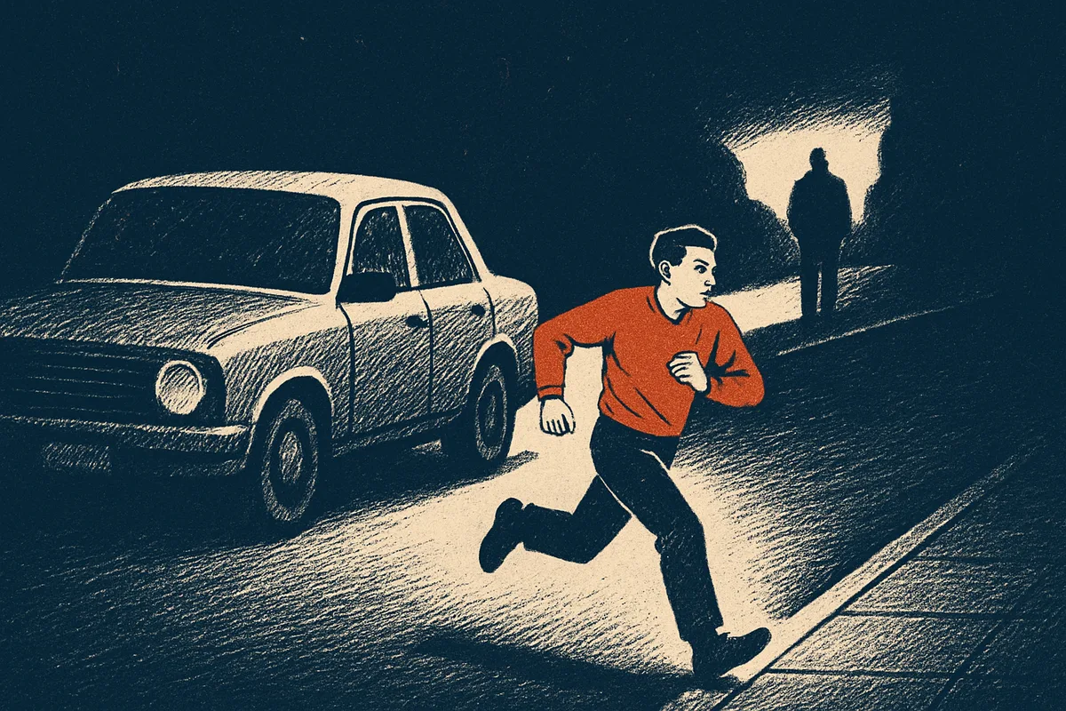 Person läuft auf einer Straße davon, zwischen ihr und einer Silhouette im Hintergrund steht ein geparktes Auto
