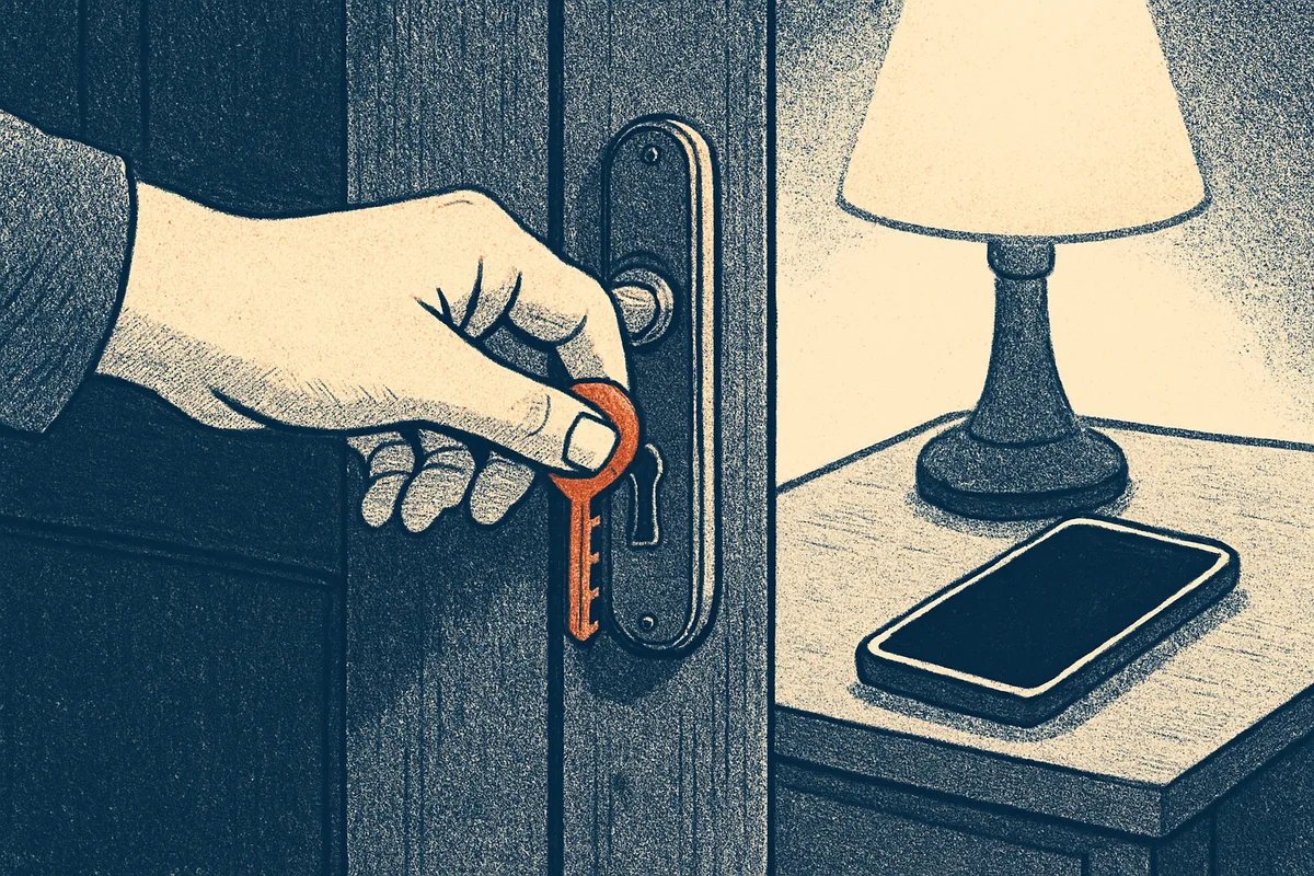 Hand dreht von innen den Schlüssel einer Schlafzimmertür, daneben liegt ein Smartphone