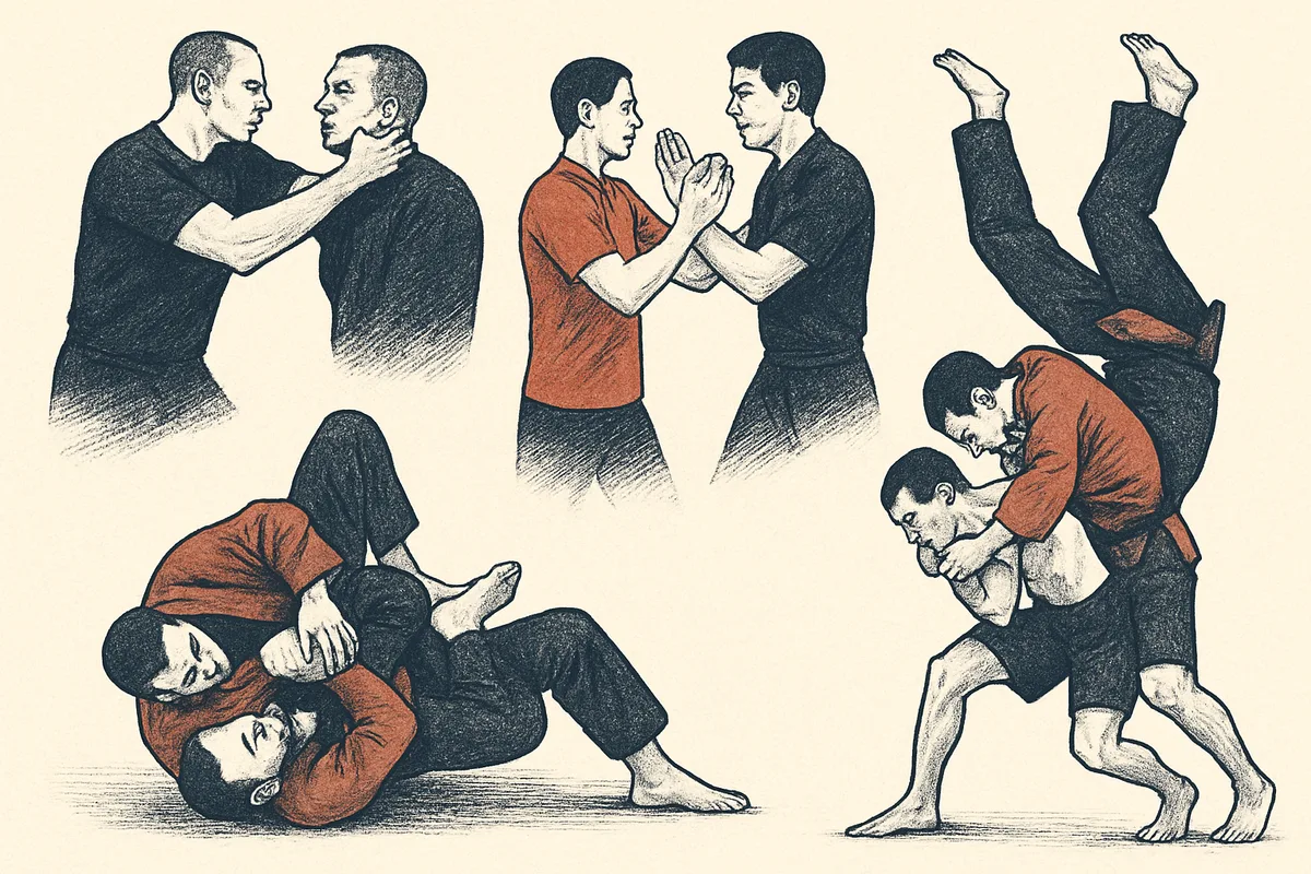 Zwei Kampfsportler beim Sparring in einer Trainingshalle