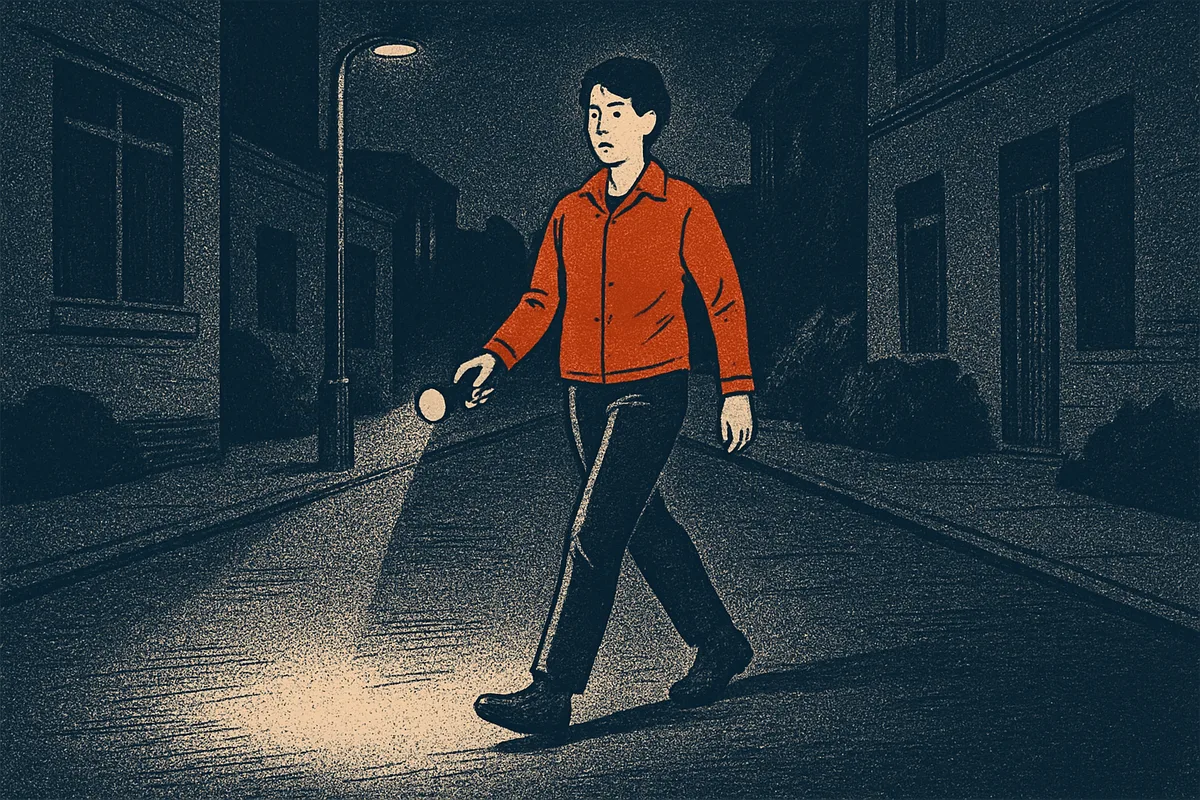 Person auf beleuchtetem Gehweg bei Nacht mit selbstbewusstem Gang