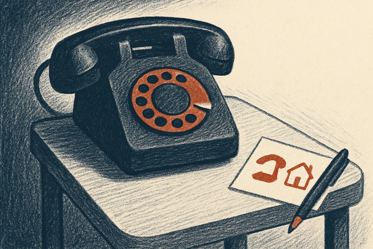 Handgeschriebener Zettel neben einem Festnetztelefon, darauf nur Symbole für Telefon und Haus