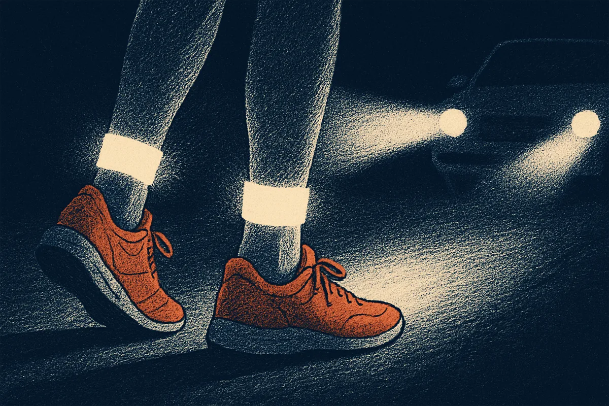 Laufschuhe und Unterschenkel mit reflektierenden Bändern, die im Scheinwerferlicht aufleuchten