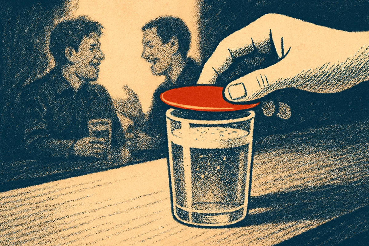 Hand legt einen Bierdeckel auf ein Glas am Bartresen, im Hintergrund unterhalten sich zwei Freunde