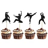 24 Pcs Schwarz Glitter Martial Arts Cupcake Toppers Karate Taekwondo Cupcake Picks für Kung Fu Thema Baby Dusche Geburtstag Party Kuchen Dekorationen Zubehör